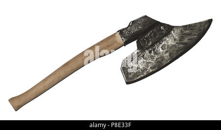 Alte Breite vorangegangen ax mit Holz- haft auf weißem Hintergrund Stockfoto