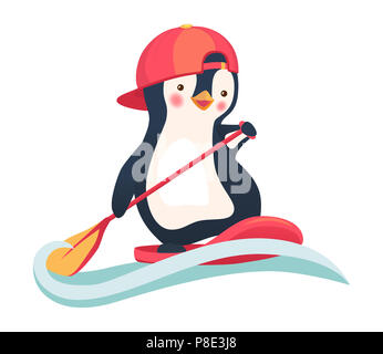 Pinguin schwimmen auf SUP Board. Paddle Board. Pinguin Abbildung Stockfoto