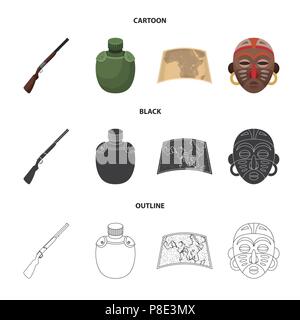 Jagdwaffe, Flasche im Fall, Karte, Afrikanische Maske. African Safari Set Sammlung Icons im Cartoon, schwarz, Outline style Vektor Symbol lieferbar illustrati Stock Vektor