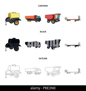 Anhänger mit einem Faß, Lkw und andere landwirtschaftliche Geräte. Landwirtschaftliche Maschinen ein Sammlung Icons im Cartoon, schwarz, Outline style Vektor Symbol Stock Vektor