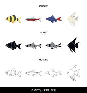 Angelfish, Common, Barbus, neon. Fisch set Sammlung Icons im Cartoon, schwarz, Outline style Vektor Symbol lieferbar Abbildung. Stock Vektor