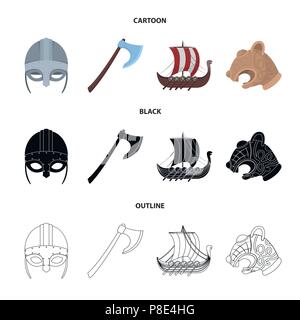 Wikinger Helm, Streitaxt, rook am Ruder mit Schilden, Drachen, Schatz. Vikings set Sammlung Icons im Cartoon, schwarz, Outline style Vektor Symbol lieferbar Stock Vektor