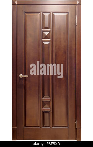 Isolierte braun Metall mit Holz- overlays Eingangstüren mit einer Messing auf weißem Hintergrund Griff Stockfoto