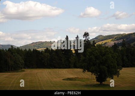 Blair Atholl Blick durch die Bäume auf die schottische Landschaft mit Bergen und Feldern Stockfoto