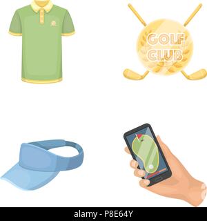 Emblem der Golf Club, Kappe mit einem Visier, Golfspieler, t-shirt, Handy mit Navigator. Golf Club collection Symbole im Comic-stil Vektor Symbol lieferbar Il einstellen Stock Vektor