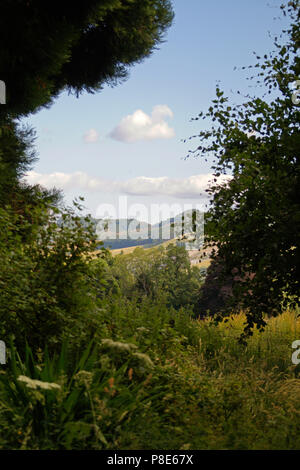 Blair Atholl Blick durch die Bäume auf die schottische Landschaft mit Bergen und Feldern Stockfoto