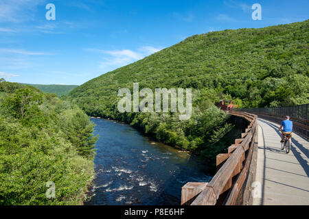 Lehigh Gorge State Park mit Fluss und Radfahrer auf Lehigh Gorge Rail Trail Pfad, Poconos Bergen, in der Nähe von Jim Thorpe, Pennsylvania, USA Stockfoto