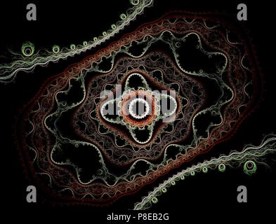 Helle fractal Abstraktion. Muster von Blumen und Kreise, ethnischen Stil. Schwarzer Hintergrund Stockfoto