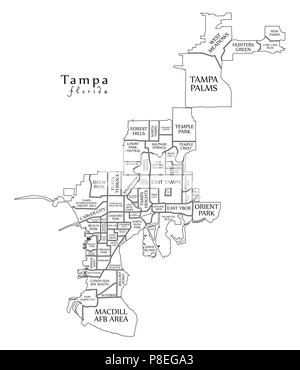 Moderne Stadtplan - Tampa Florida Stadt der USA mit Nachbarschaften und Titel Übersichtskarte Stock Vektor