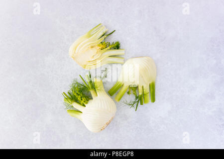 Blick von oben auf die ganze und halbierte Fenchel Glühlampen mit Wedel auf Grau professional DIY Hintergrund mit Muster. Stockfoto