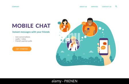 Die menschliche Hand halten Sie ein Smartphone und Senden von Nachrichten an Freunde über Mobile Messenger app. Flache Konzept Vektor website Vorlage und landing page Design von Stock Vektor