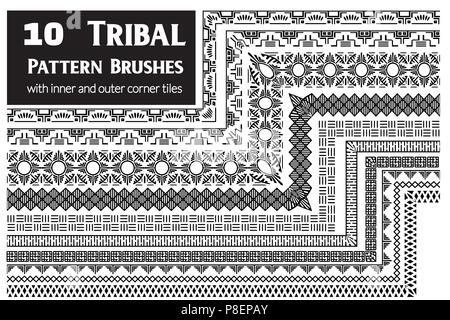 Tribal, ethnischen Vector pattern Bürsten mit inneren und äußeren Ecke Fliesen. Perfekt für die Erstellung Design Elemente werden geometrische Verzierung, Rahmen, Grenzen und mehr. Alle verwendeten Bürsten Pinsel Palette enthalten. Stock Vektor