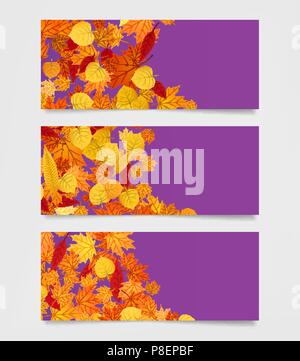 Herbst Werbebanner für Websites. Moders Werbemittel frames Template mit gelb, orange und rote Blätter Stock Vektor