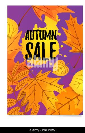 Herbst Sale Broschüre, Herbst Rabatt Plakat Vorlage mit orange und gelbe Blätter Stock Vektor