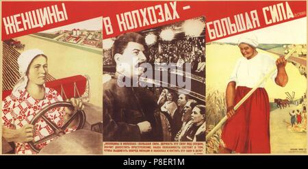 Frauen in den Kolchosen sind eine großartige Leistung (J. Stalin) Poster. Museum: Russian State Library, Moskau. Stockfoto