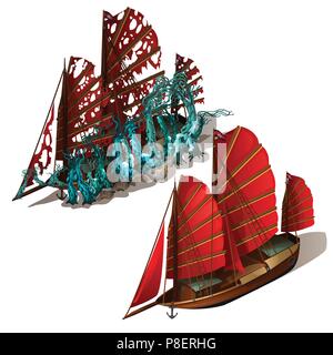 Wunderschönes altes Segelboot mit roten Segeln auf einem weißen Hintergrund. Schiff nach dem Schiffbruch ist mit Polypen und Korallen auf dem Meeresboden überwuchert. Vector Illustration. Stock Vektor