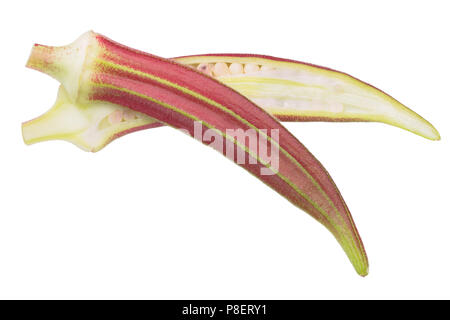 Red okra, Gumbo, ochro oder Finger Damen (Abelmoschus esculentus), split pod, Ansicht von oben Stockfoto