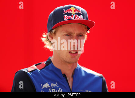 Von Toro Rosso Brendon Hartley während der Praxis vor dem Grand Prix von Großbritannien 2018 in Silverstone Circuit, Towcester Stockfoto