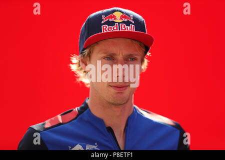 Von Toro Rosso Brendon Hartley während der Praxis vor dem Grand Prix von Großbritannien 2018 in Silverstone Circuit, Towcester Stockfoto