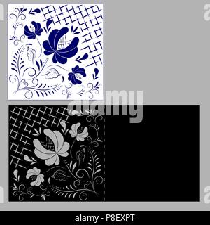 Russische Zeichnung gzhel. Laserschneiden. Grußkarten mit Blumen russischen Ornament. Vector Illustration Stock Vektor