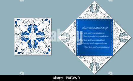 Russische Zeichnung gzhel. Laserschneiden. Grußkarten mit Blumen russischen Ornament. Vector Illustration Stock Vektor