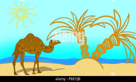 Vector Illustration. Ägypten. Der Strand und das Meer. Ein Kamel mit einem Mandala. Stock Vektor