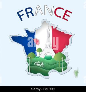 Zusammenfassung von Papier Kunst schnitzen zu Eiffelturm mit blauen und roten Hintergrund aussehen wie Frankreich Karte und Flagge, Französische Kultur und Tourismus Idee, vecto Stock Vektor