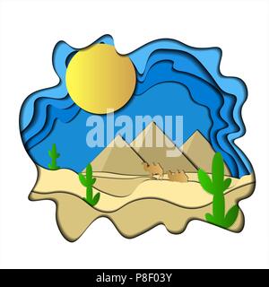Vector Illustration eines Papiers. 3d. Cactus, Pyramiden, Kamele, Sonne, Sand. blau gelb Stock Vektor