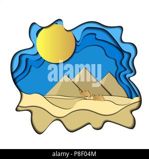 Vector Illustration eines Papiers. 3d. Pyramiden, Kamele, Sun, Sand. blau gelb Stock Vektor