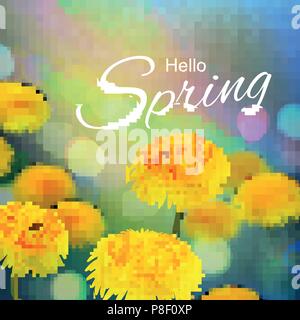 Vektor illustration Hallo, Hallo Frühling. Realistische Löwenzahn, Taraxacum, verschwommenes defokussiertem Hintergrund. Makro Blumen. Grüne bokeh. Vorlagen für Plakate, Banner, Flyer, Präsentationen, Berichte. Stock Vektor