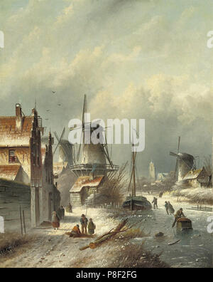 Jan Jacob spohler Coenraad - Winter in einer kleinen Stadt mit Windmühlen Stockfoto