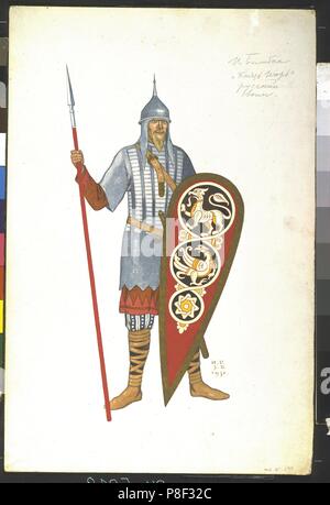 Russische Krieger. Kostüme für die Oper Fürst Igor von A. Borodin. Museum: Staatliches Museum für Theater und Musik, St. Petersburg. Stockfoto