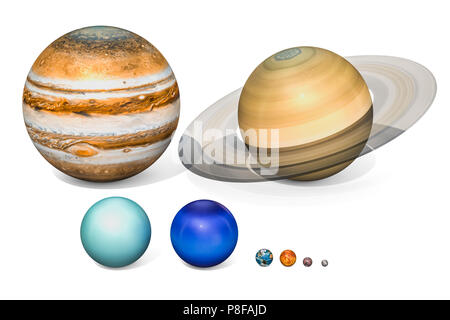 Planeten des Sonnensystems. Jupiter, Saturn, Uranus, Neptuno, Erde, Venus, Mars, Merkur. 3D-Rendering auf weißem Hintergrund Stockfoto