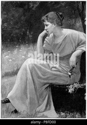 1904 vintage Gravur "Zwiesprache mit der Natur", eine junge Frau, die tief in Gedanken. Aus der eigenen Papier des Mädchens, 2. Juli 1904. Stockfoto