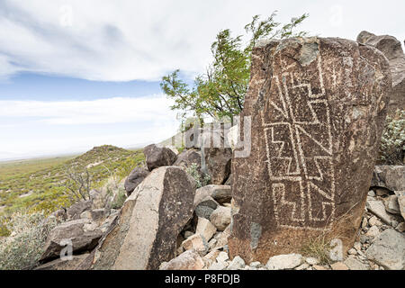 Jornada Mogollon rock Kunst in Three Rivers Petroglyph Site, New Mexico, USA Stockfoto