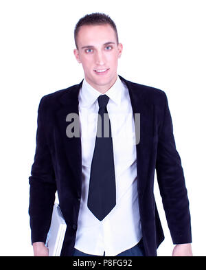 Portrait von Young Business Mann mit Laptop, Studio shot Stockfoto