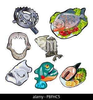 Auf das Thema der toothy Fisch. Mahlzeiten von Piranha und Haie. Skelett, Kiefer, Schädel der alten Fisch. Bear Trap. Vector Illustration. Stock Vektor
