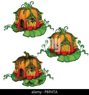 Satz von Märchen Häuser aus Kürbissen. Haus der Bewohner der Fantasy Wald auf einem weißen Hintergrund. Vector Illustration. Stock Vektor