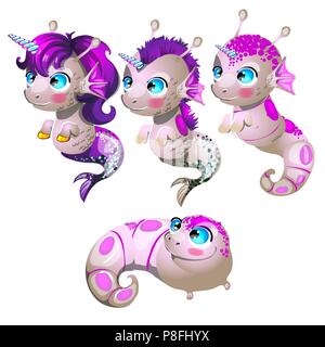 Set fantasy cartoon Seepferdchen auf einem weißen Hintergrund. Phasen der Transformation von Larven im Meer Einhorn mit goldenen Hufen. Vektor cartoon Close-up Abbildung. Stock Vektor