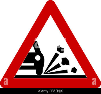 Warnschild mit Kies auf der Straße Symbol Stockfoto
