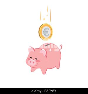 Cute Sparschwein mit der goldenen Medaille der Euro. Konzept der Geld sparen, Investitionen, Banking. Flache Bauform. Vector Illustration. Stock Vektor