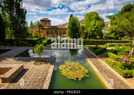 Torre de Las Damas. Gärten, Alberca & Brunnen. El des Generalife, Nazaries Paläste. Alhambra, UNESCO-Weltkulturerbe. Stadt Granada. Andalusien, Süd Stockfoto