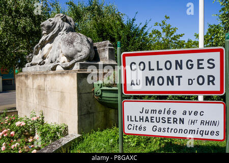 Aus Stein Statue eines Löwen, Collonges-au-Mont d'Or, Frankreich Stockfoto