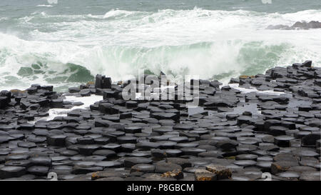 Wellen brechen im vieleckigen Basaltsäulen Giant's Causeway. Bushmills, County Antrim, Nordirland, Großbritannien. Stockfoto