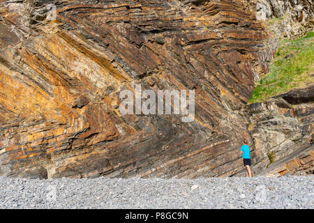 Mann nach oben Die beeindruckenden Klippen am Widemouth Bay, Bude Rock Formation, North Cornwall, England, Großbritannien Stockfoto