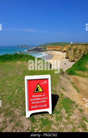 Touristische Warnschild, godrevy Beach, Gwithian, Heritage Coast Godrevy, Cornwall, England, Großbritannien Stockfoto