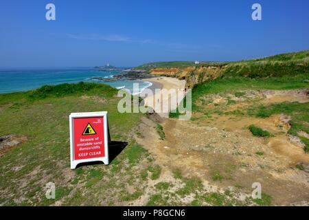 Touristische Warnschild, godrevy Beach, Gwithian, Heritage Coast Godrevy, Cornwall, England, Großbritannien Stockfoto