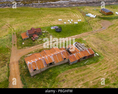 Antenne - Arnorsstadir Farm, Bardastrond Beach, Western Island Stockfoto