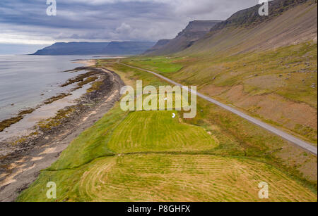 Antenne - Arnorsstadir Farm, Bardastrond Beach, Western Island Stockfoto