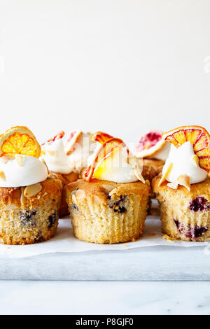 Blutorange und blueberry iced Cupcakes Stockfoto